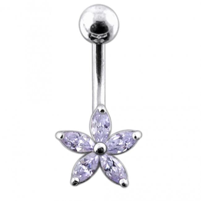 Single Color Jeweled Silver Flower With SS Curved Banana Belly Ring - Monster Piercing