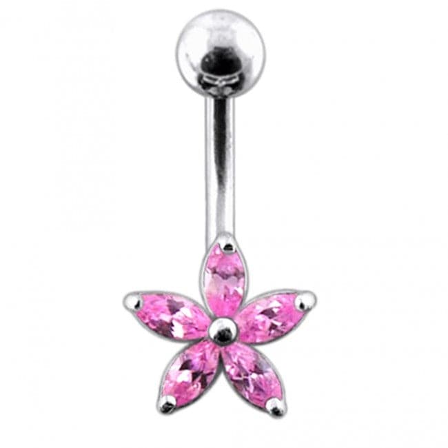 Single Color Jeweled Silver Flower With SS Curved Banana Belly Ring - Monster Piercing