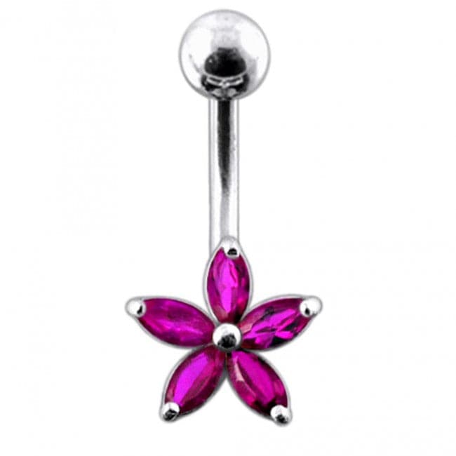 Single Color Jeweled Silver Flower With SS Curved Banana Belly Ring - Monster Piercing