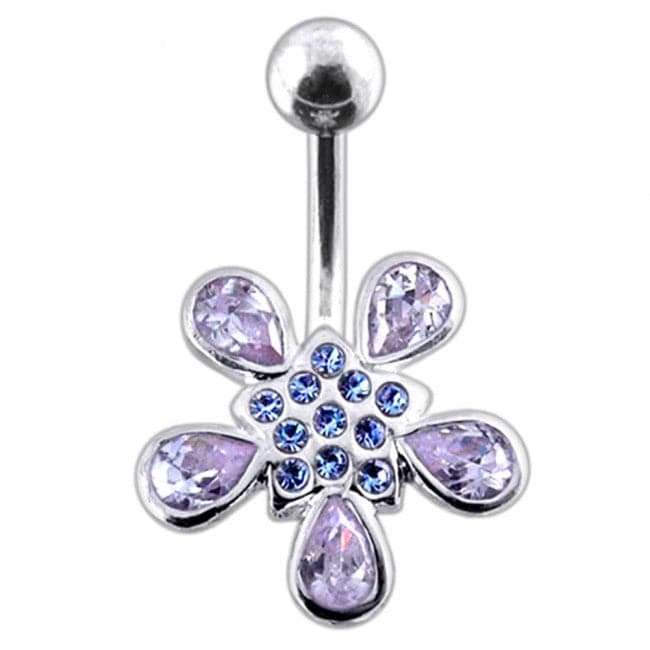 Jeweled Silver Flower With 316L SS Bar Navel Ring body Jewelry - Monster Piercing