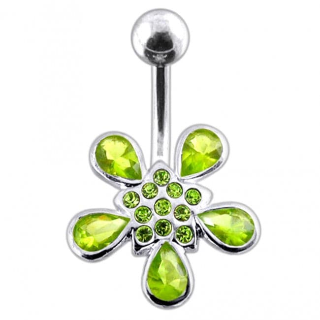 Jeweled Silver Flower With 316L SS Bar Navel Ring body Jewelry - Monster Piercing