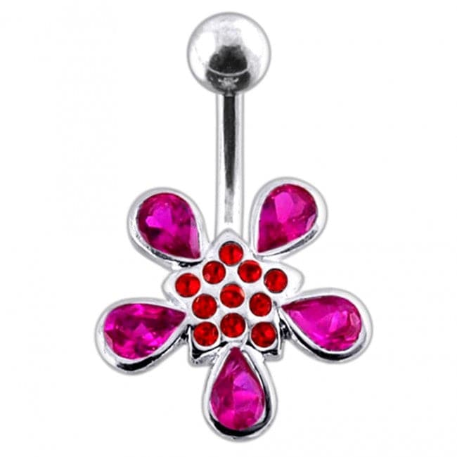 Jeweled Silver Flower With 316L SS Bar Navel Ring body Jewelry - Monster Piercing