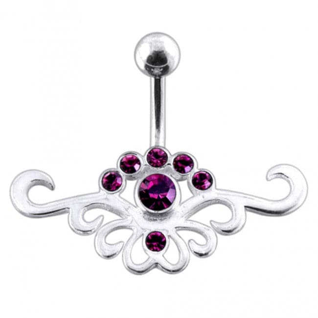 Fancy Jeweled Multi Stone Crown Banana Bar Belly Ring - Monster Piercing