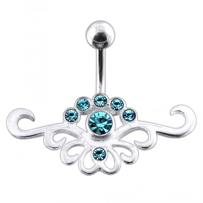 Fancy Jeweled Multi Stone Crown Banana Bar Belly Ring - Monster Piercing