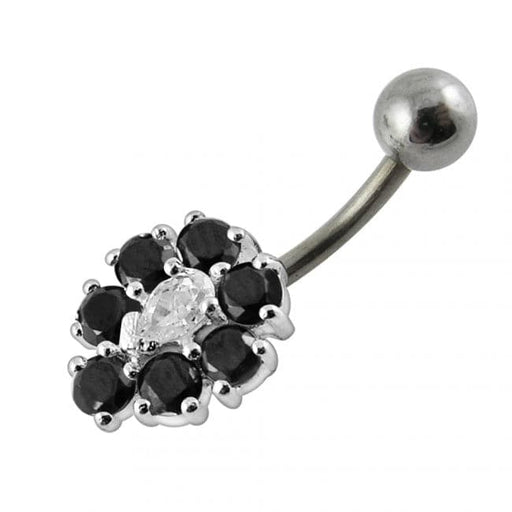 Fancy Silver Jeweled Flower SS Curved Navel Ring - Monster Piercing