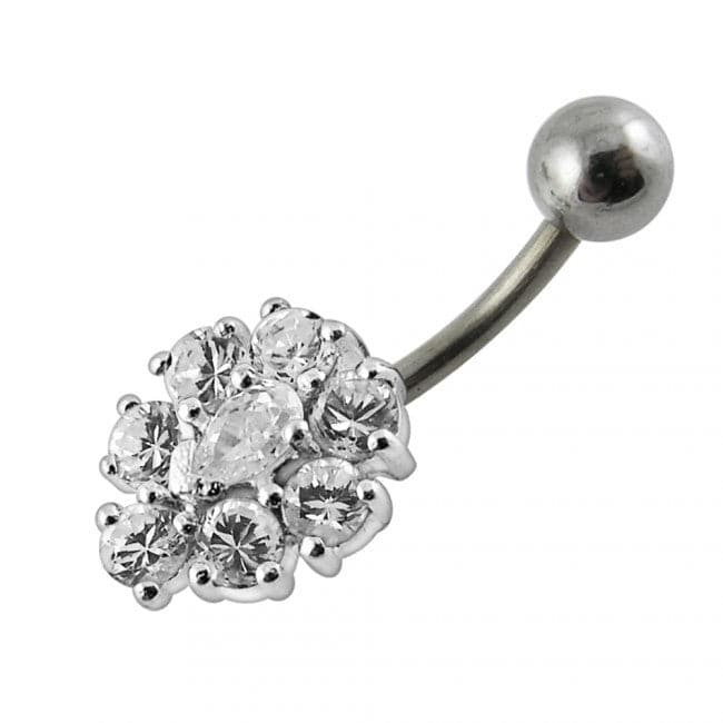 Fancy Silver Jeweled Flower SS Curved Navel Ring - Monster Piercing