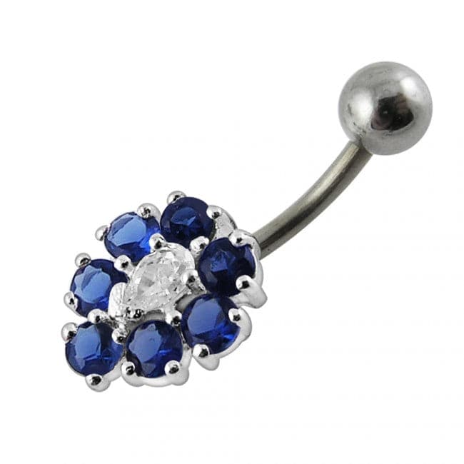 Fancy Silver Jeweled Flower SS Curved Navel Ring - Monster Piercing