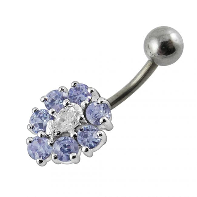 Fancy Silver Jeweled Flower SS Curved Navel Ring - Monster Piercing