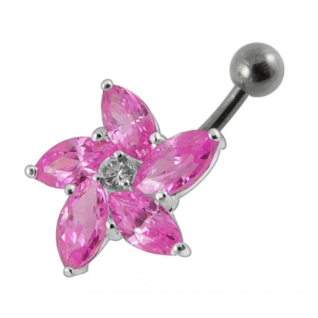 Jeweled Silver Flower With SS Curved Bar - Monster Piercing