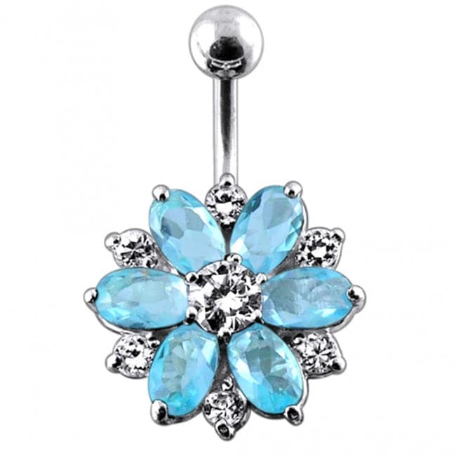 Fantasy Silver Jeweled Flower Non-Moving Belly Ring - Monster Piercing