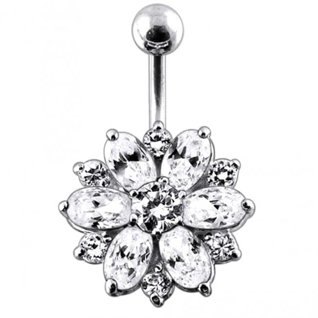 Fantasy Silver Jeweled Flower Non-Moving Belly Ring - Monster Piercing