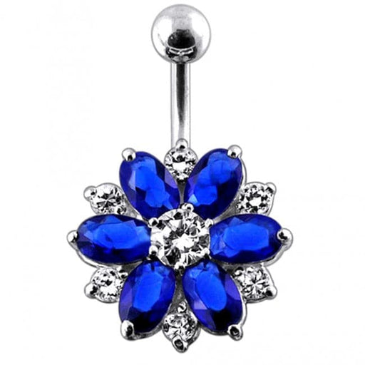 Fantasy Silver Jeweled Flower Non-Moving Belly Ring - Monster Piercing