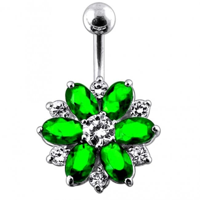 Fantasy Silver Jeweled Flower Non-Moving Belly Ring - Monster Piercing