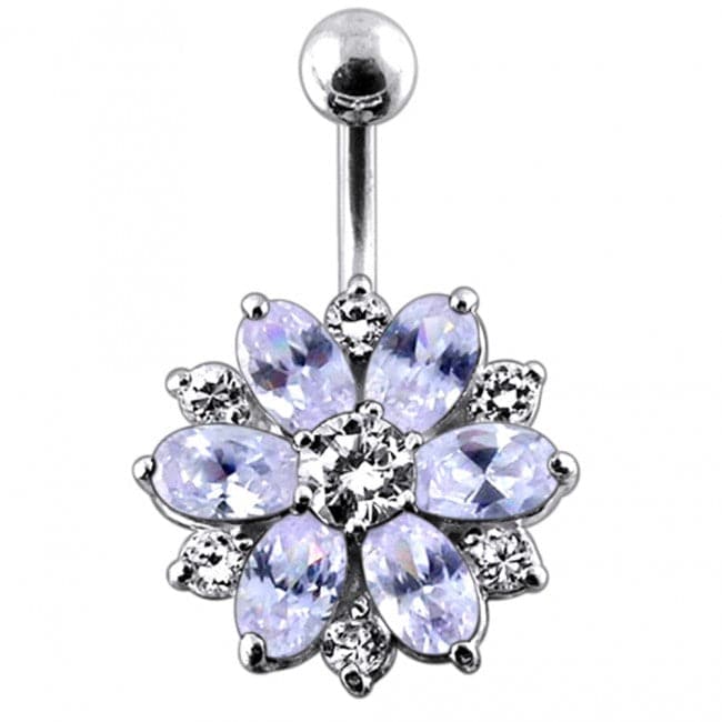 Fantasy Silver Jeweled Flower Non-Moving Belly Ring - Monster Piercing