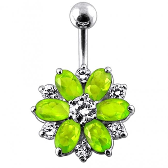 Fantasy Silver Jeweled Flower Non-Moving Belly Ring - Monster Piercing