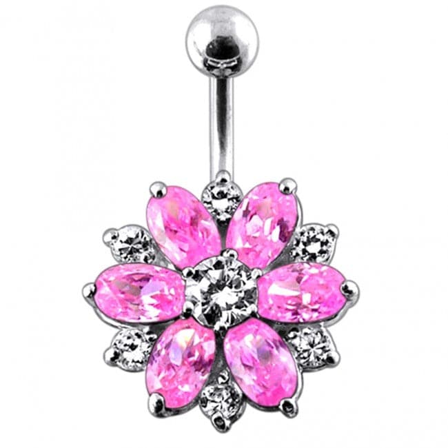 Fantasy Silver Jeweled Flower Non-Moving Belly Ring - Monster Piercing