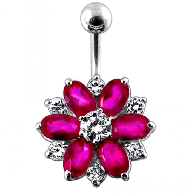 Fantasy Silver Jeweled Flower Non-Moving Belly Ring - Monster Piercing