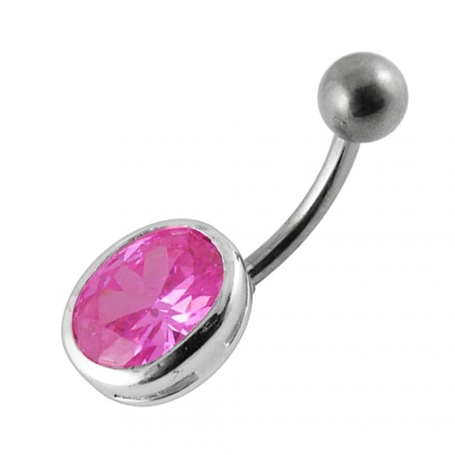 Single Oval Shaped Jeweled Non-Moving Belly Ring - Monster Piercing