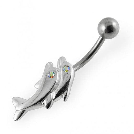 Jeweled Eye Twin Dolphin Non-Moving Belly Ring - Monster Piercing