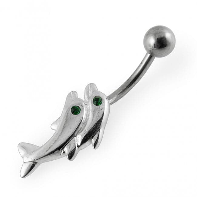 Jeweled Eye Twin Dolphin Non-Moving Belly Ring - Monster Piercing