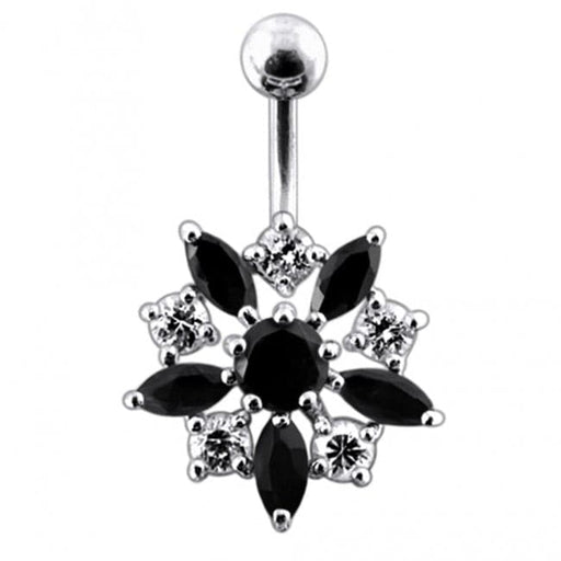 Sterling Silver Jeweled Flower Non-Moving SS Banana Bar Navel Ring - Monster Piercing