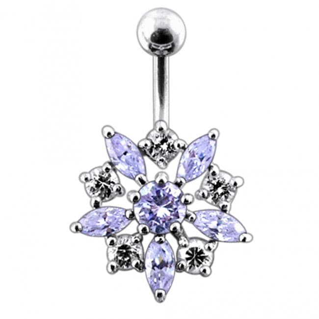 Sterling Silver Jeweled Flower Non-Moving SS Banana Bar Navel Ring - Monster Piercing