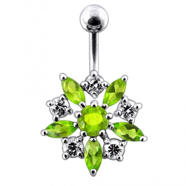 Sterling Silver Jeweled Flower Non-Moving SS Banana Bar Navel Ring - Monster Piercing