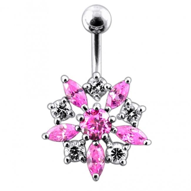 Sterling Silver Jeweled Flower Non-Moving SS Banana Bar Navel Ring - Monster Piercing