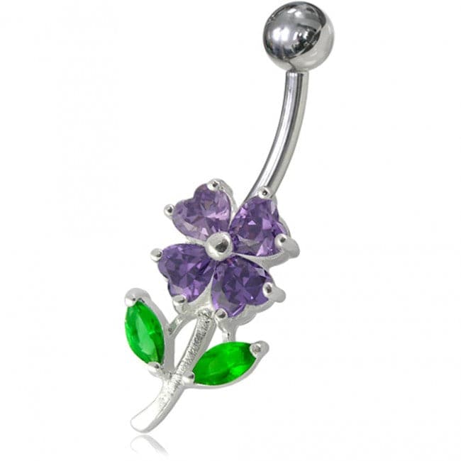 Jeweled Flower Leaf Non-Moving Belly Ring - Monster Piercing