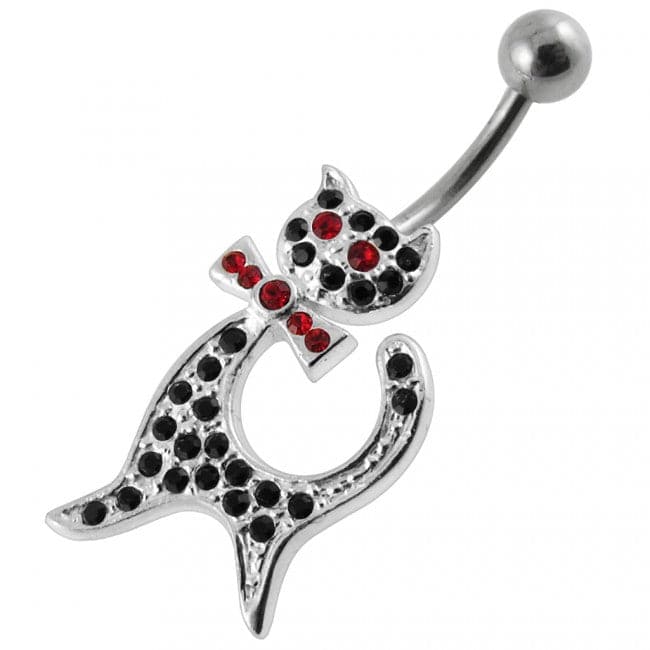 Cat Shaped Jeweled Non-Moving Belly Ring - Monster Piercing