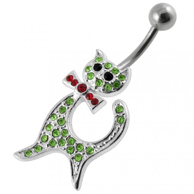 Cat Shaped Jeweled Non-Moving Belly Ring - Monster Piercing