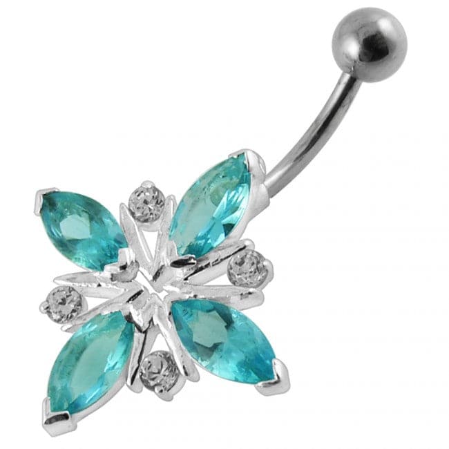 Fancy Blue Stone Jeweled Non-Moving SS Bar Belly Ring - Monster Piercing