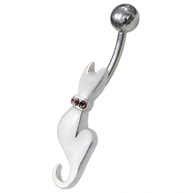 Silver Fancy Jeweled Kitty Non-Moving SS Bar Belly Ring - Monster Piercing