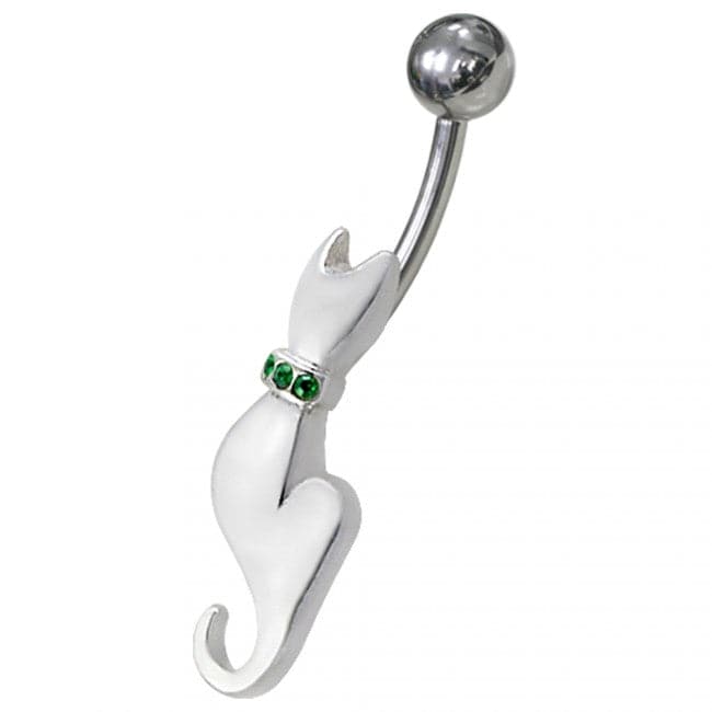 Silver Fancy Jeweled Kitty Non-Moving SS Bar Belly Ring - Monster Piercing