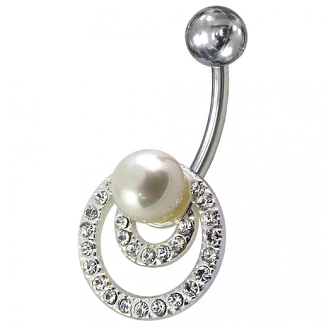 Fancy Multi Jeweled Silver Non-Moving Pearl Studded SS Navel Ring - Monster Piercing