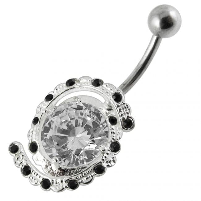 14G 925 Silver Fancy Jeweled Non-Moving Titanium Bar Navel Ring - Monster Piercing