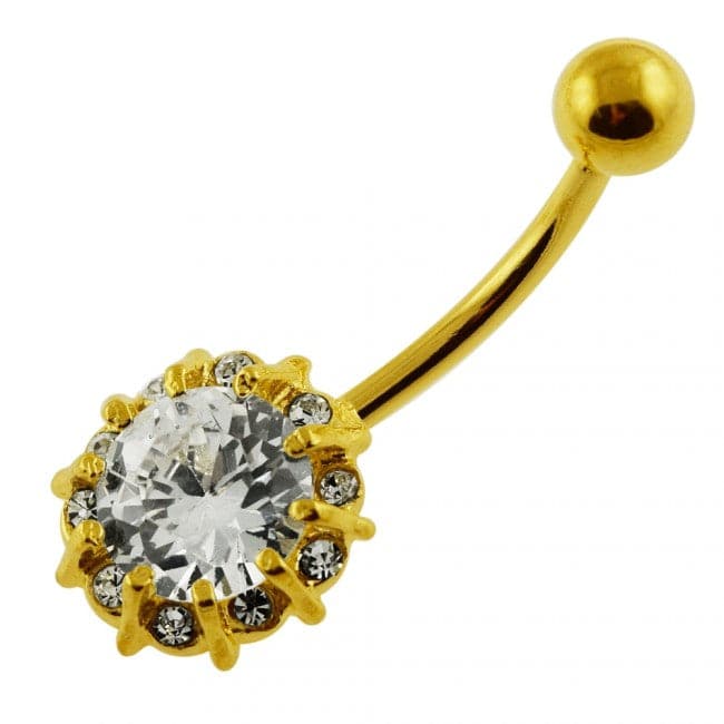 Fancy Single Stone Jeweled Non-Moving Titanium Curved Bar Belly Ring - Monster Piercing