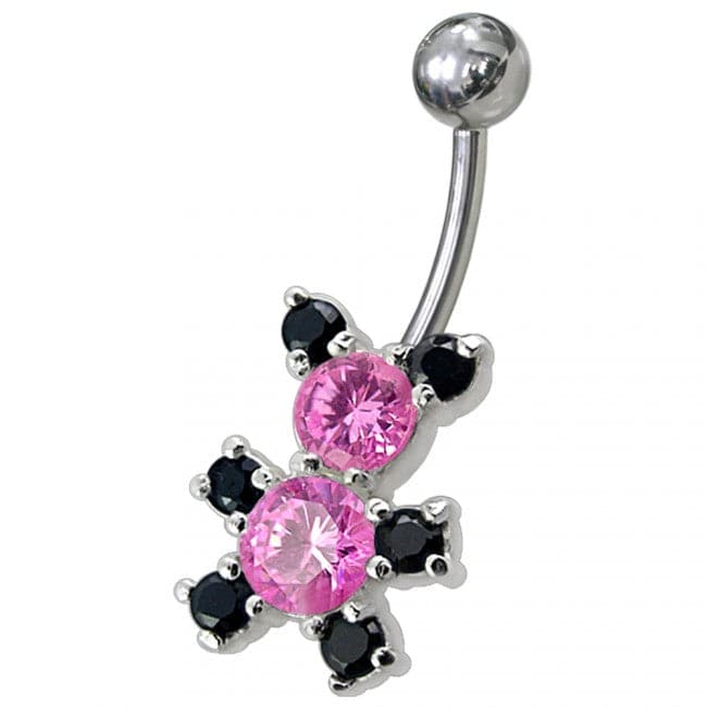 Fancy Mix Color Jeweled Non-Moving Teddy Bear SS Bar Belly Ring - Monster Piercing