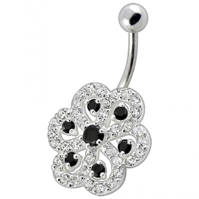 Fancy Stone Jeweled Silver Non-Moving Titanium Bar Belly Ring - Monster Piercing