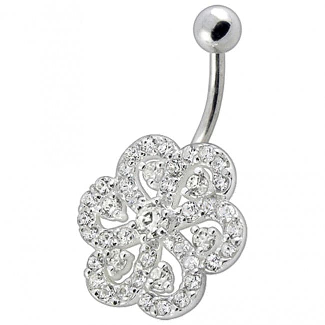 Fancy Stone Jeweled Silver Non-Moving Titanium Bar Belly Ring - Monster Piercing