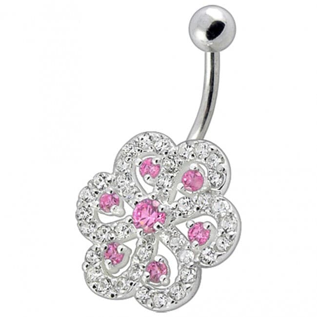 Fancy Stone Jeweled Silver Non-Moving Titanium Bar Belly Ring - Monster Piercing