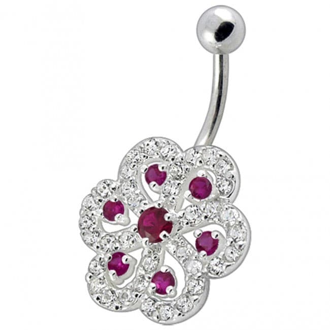 Fancy Stone Jeweled Silver Non-Moving Titanium Bar Belly Ring - Monster Piercing