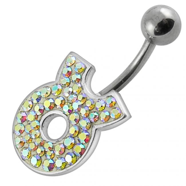 Fancy White CZ Jeweled Silver Non-Moving SS Banana Bar Belly Button Ring - Monster Piercing