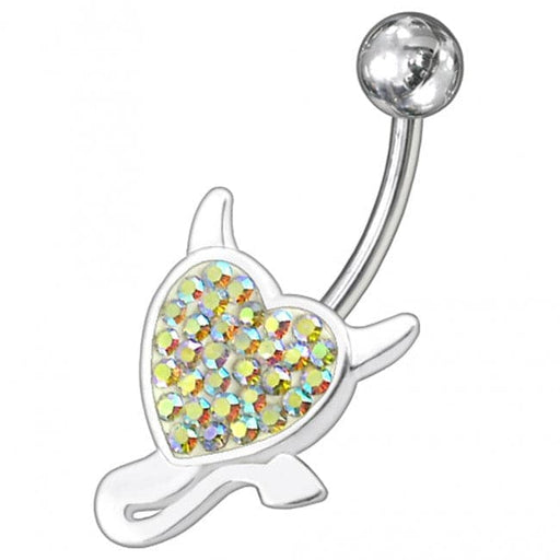 Fancy Silver Heart Jeweled Curved Bar Non-Moving Belly Ring - Monster Piercing