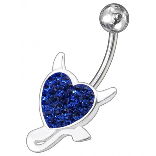 Fancy Silver Heart Jeweled Curved Bar Non-Moving Belly Ring - Monster Piercing