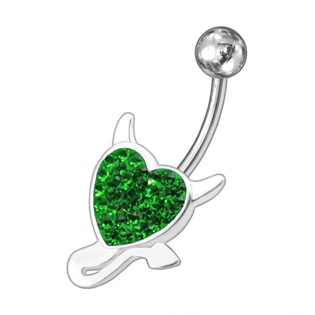 Fancy Silver Heart Jeweled Curved Bar Non-Moving Belly Ring - Monster Piercing