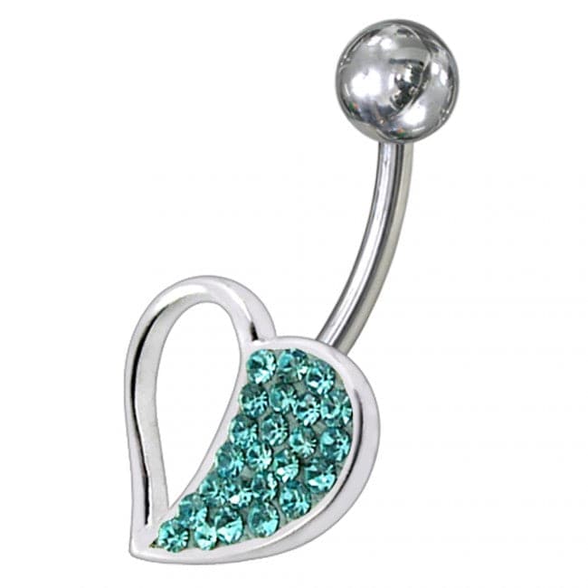 Fancy Jeweled Half Heart SS Banana Bar Navel Belly Ring - Monster Piercing