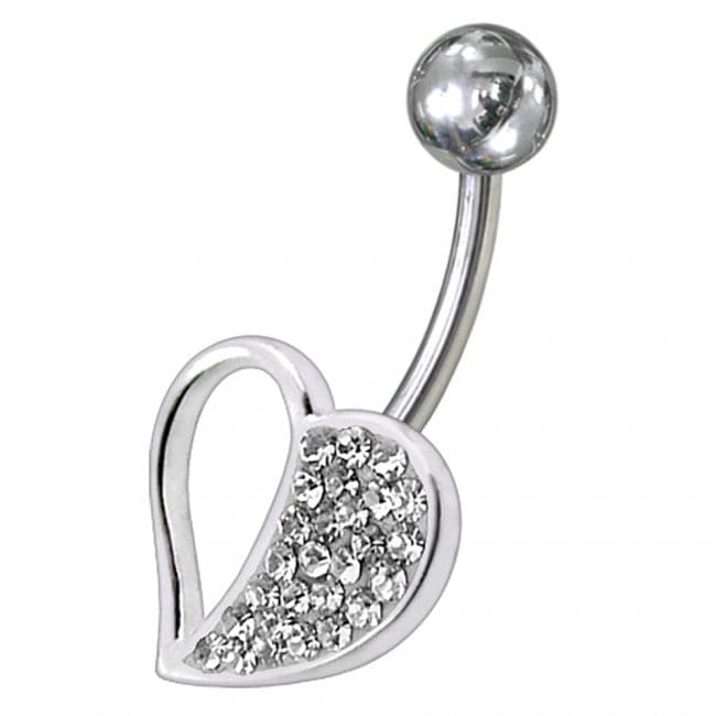 Fancy Jeweled Half Heart SS Banana Bar Navel Belly Ring - Monster Piercing