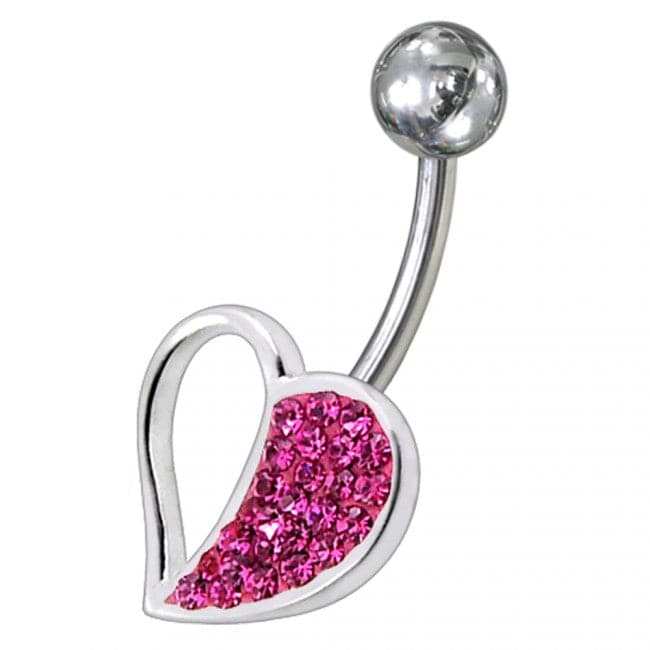 Fancy Jeweled Half Heart SS Banana Bar Navel Belly Ring - Monster Piercing