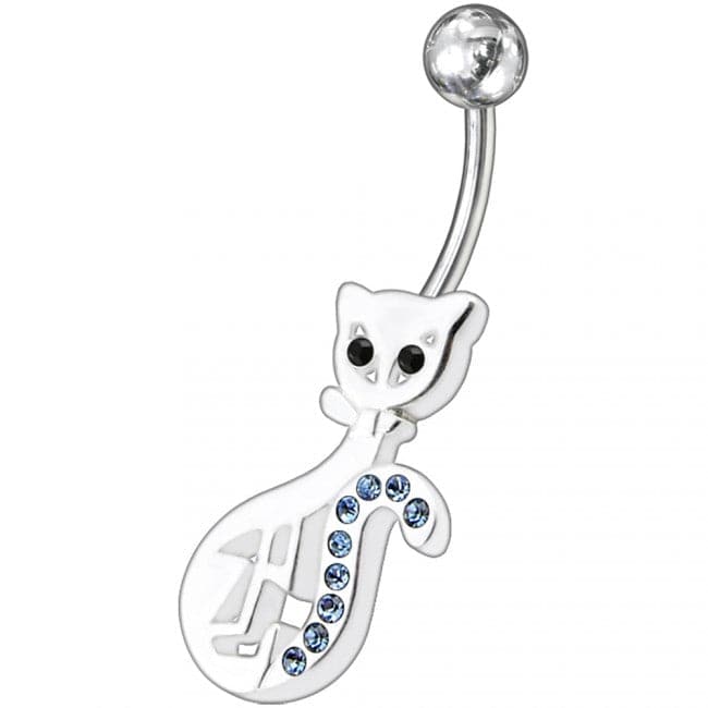 Fancy Jeweled Cat Banana Bar Non-Moving Navel Ring - Monster Piercing